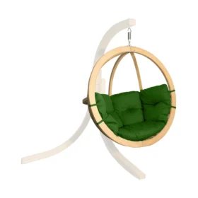 Stylish single hanging egg swing chair with green cushions, supported by a sleek wooden stand (sold separately), ideal for outdoor lounging or indoor comfort.