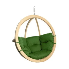 Wooden frame single hanging egg swing chair with deep green cushion, designed for comfort and style in modern garden and indoor spaces.