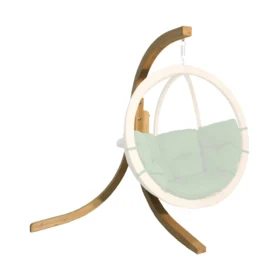 Wooden stand for single hanging egg chair with curved frame and sturdy base, designed for stable support in gardens or indoor spaces.
