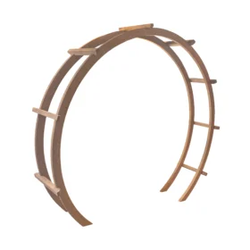 Angled view of a wooden round pergola, designed as a decorative flower circle with a sturdy round arch frame, perfect for garden entrances or wedding backdrops.