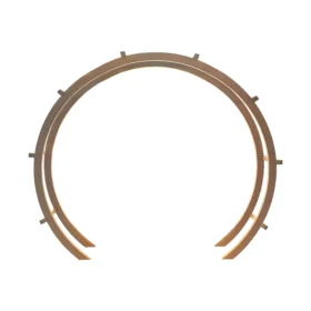Front view of a large wooden round pergola, forming a symmetrical flower circle with a graceful round arch ideal for outdoor events and climbing plants.