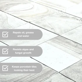 Outdoor porcelain tile sealer protecting tiles by repelling oil, grease, and water while resisting algae, fungal growth, and keeping tiles looking their best.