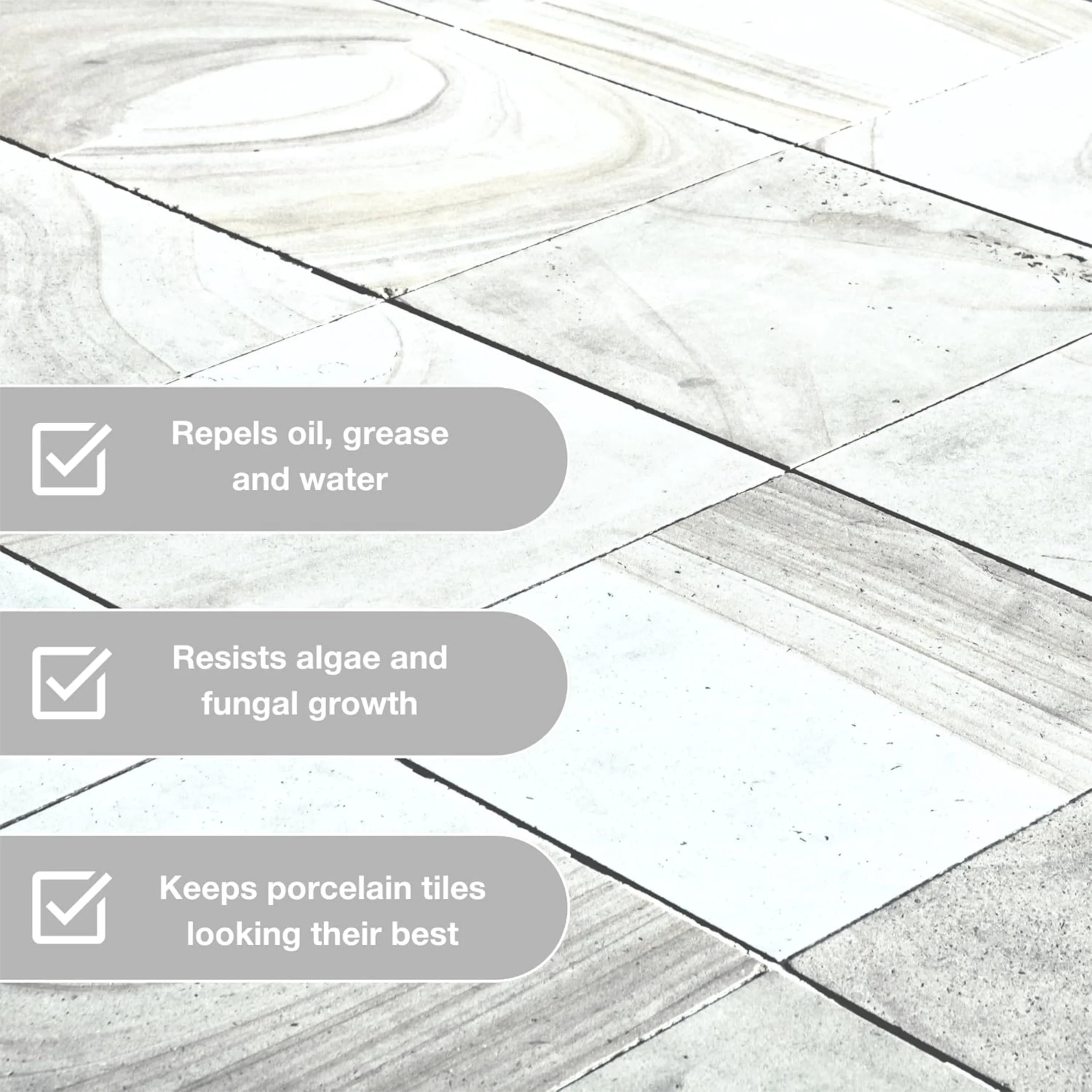 Outdoor porcelain tile sealer protecting tiles by repelling oil, grease, and water while resisting algae, fungal growth, and keeping tiles looking their best.
