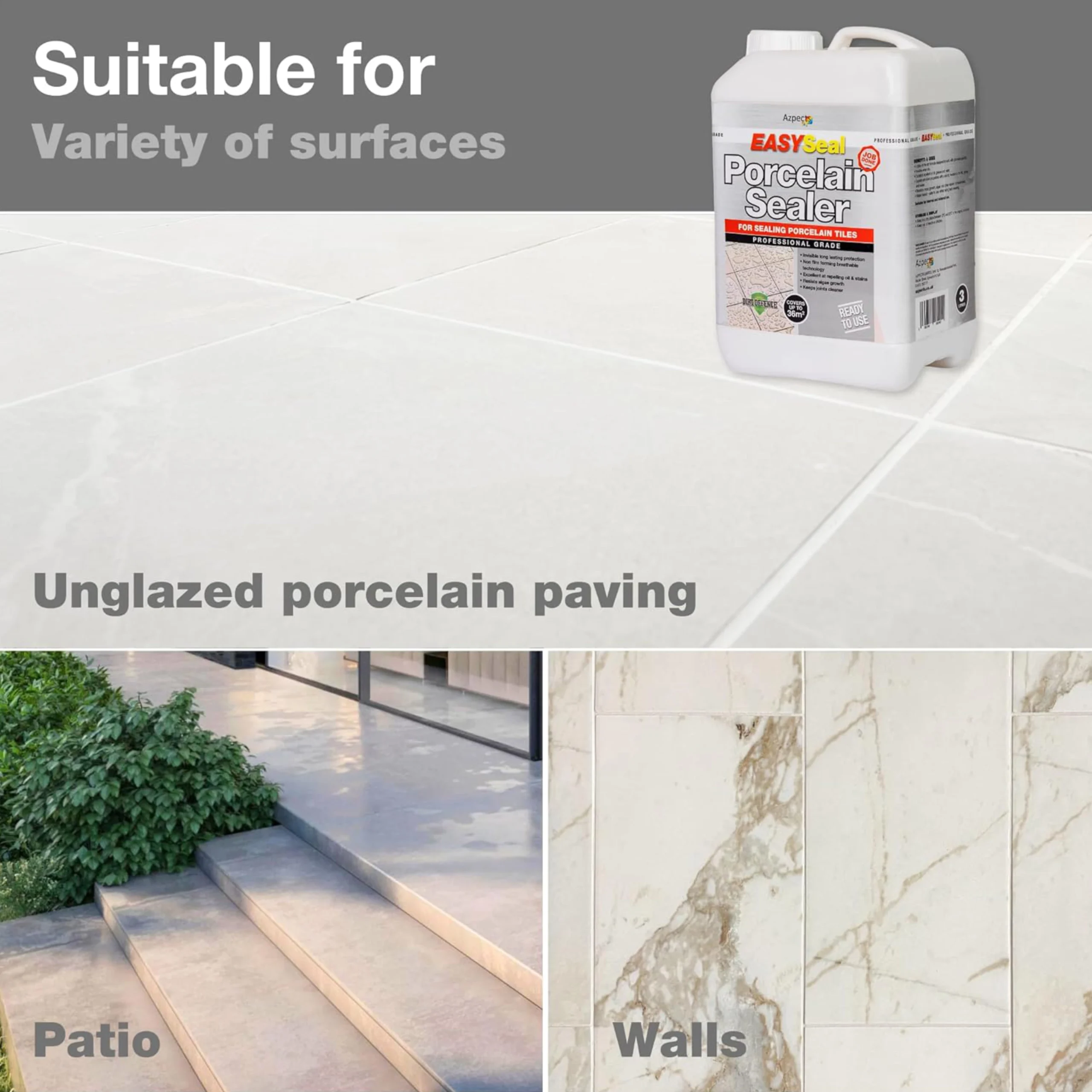 Outdoor porcelain tile sealer for patios, walls, and unglazed porcelain paving – Easy Seal Porcelain Sealer 3Ltr for multi-surface protection.