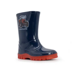 Swampmaster blue tractor wellies angled view showing red tractor decal and red sole, waterproof PVC kids boots for muddy outdoor play.