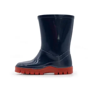 Swampmaster blue tractor wellies side view without decal, waterproof PVC kids boots with red sole for outdoor play.