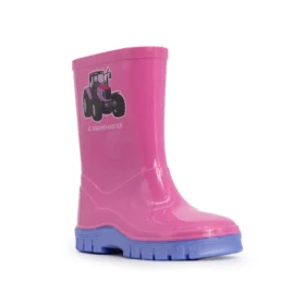 Swampmaster pink tractor wellies angled view with lilac sole and tractor decal, waterproof PVC kids boots for rainy day fun.