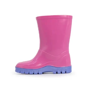 Swampmaster pink tractor wellies side view without decal, waterproof PVC kids boots with lilac sole for outdoor play.