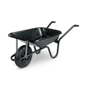 Black wheelbarrow with 85-litre steel pan and pneumatic tyre, designed for contractors and heavy-duty construction use. Durable and professional-grade.