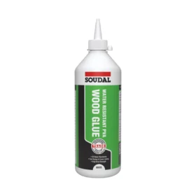 Soudal waterproof wood glue 1 litre bottle, water-resistant PVA adhesive for strong, fast-drying woodworking bonds.