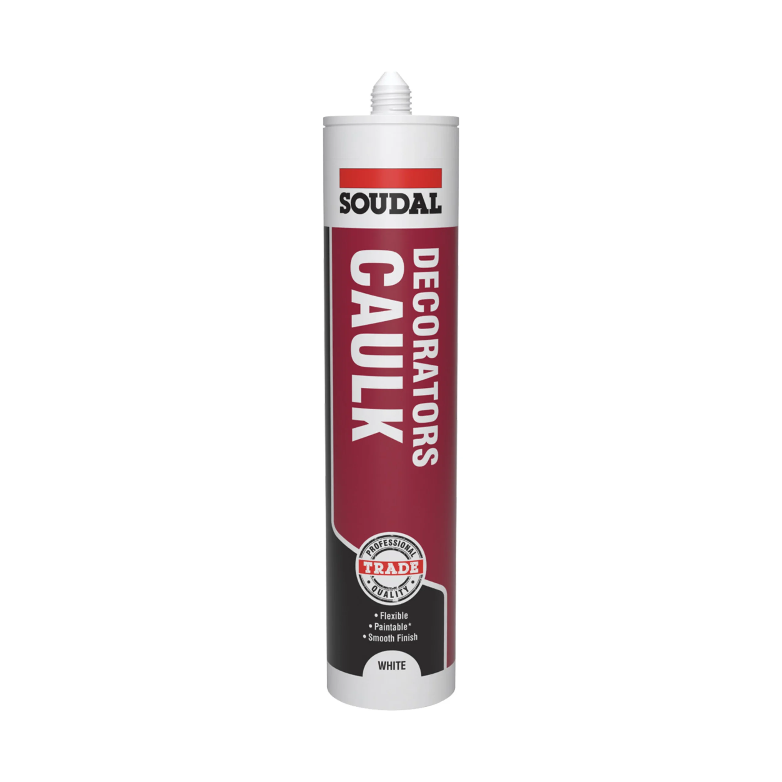 Soudal decorators caulk tube in white, flexible caulk that is paintable for smooth interior sealing and finishing.