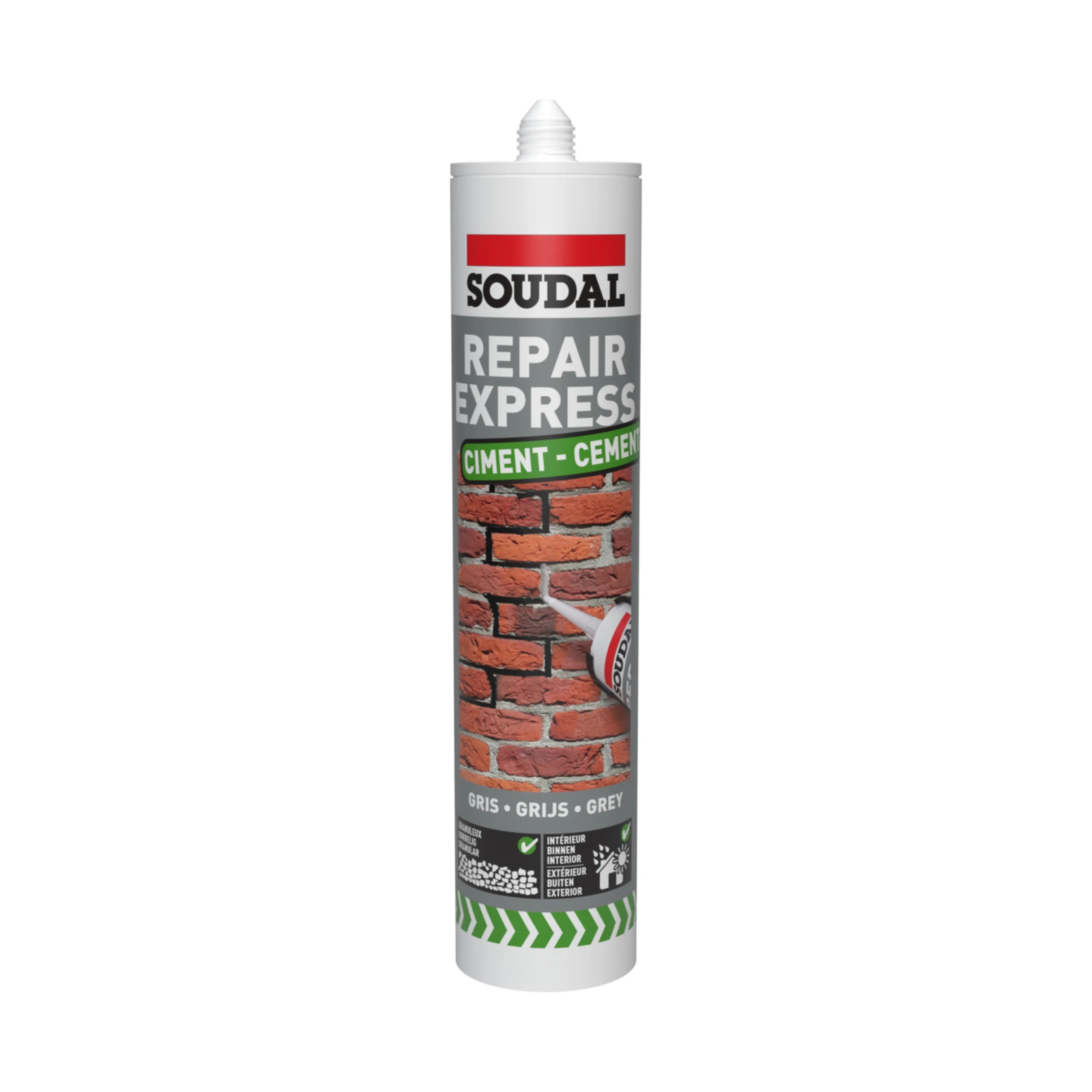 Soudal Repair Express Cement grey cartridge for quick masonry repairs, ideal for filling cracks and joints in brick and cement surfaces.
