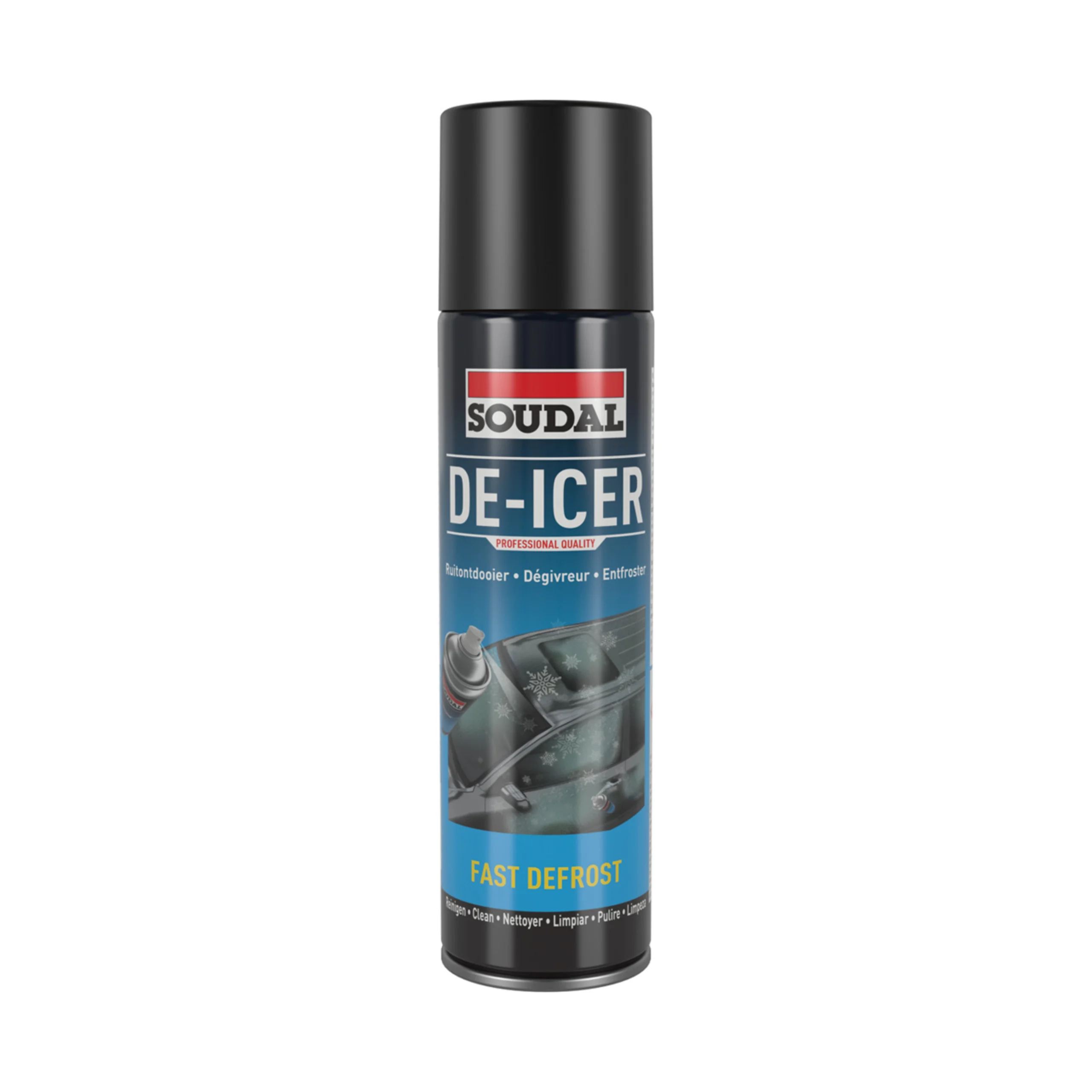 Soudal de icer spray can for fast defrosting, professional de icer solution for clearing ice from car windscreens.