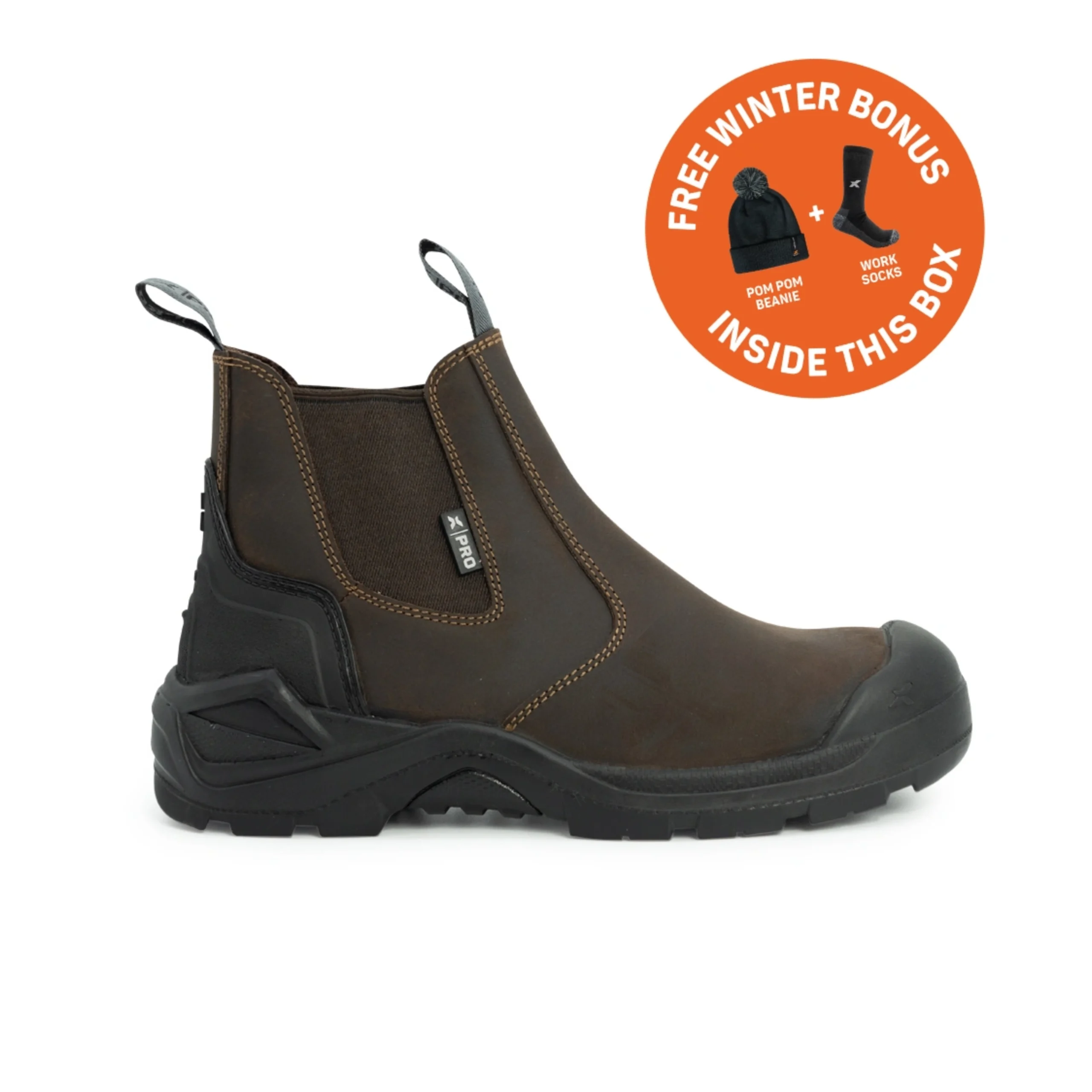 Pro Hutton safety boots in brown with slip-on design, steel toe protection and durable outsole, featuring a free winter bonus beanie and work socks offer.