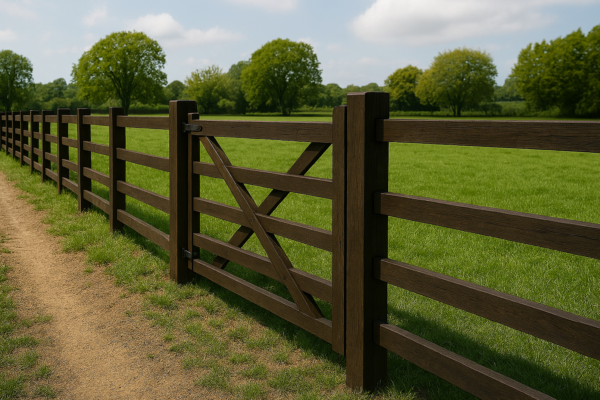 creosoted square‑rail fencing and a wooden creosoted gate, illustrating what is creosote through its use in durable agricultural timber.