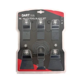 7 piece dart multi tool set, in a clear plastic case, with a black and red background.