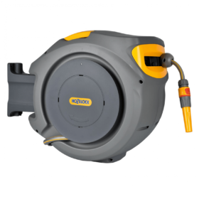 hozelock auto retractable hose reel system, grey plastic with yellow highlights.