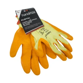 a pair of orange builders gloves, spread apart and held together by a label at the wrist