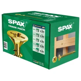 spax yellox coated trade pack screws. A green box featuring a gold coloured screw.
