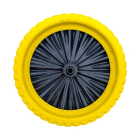 titan universal puncture proof replacement wheelbarrow wheel, yellow rubber outer with black hub