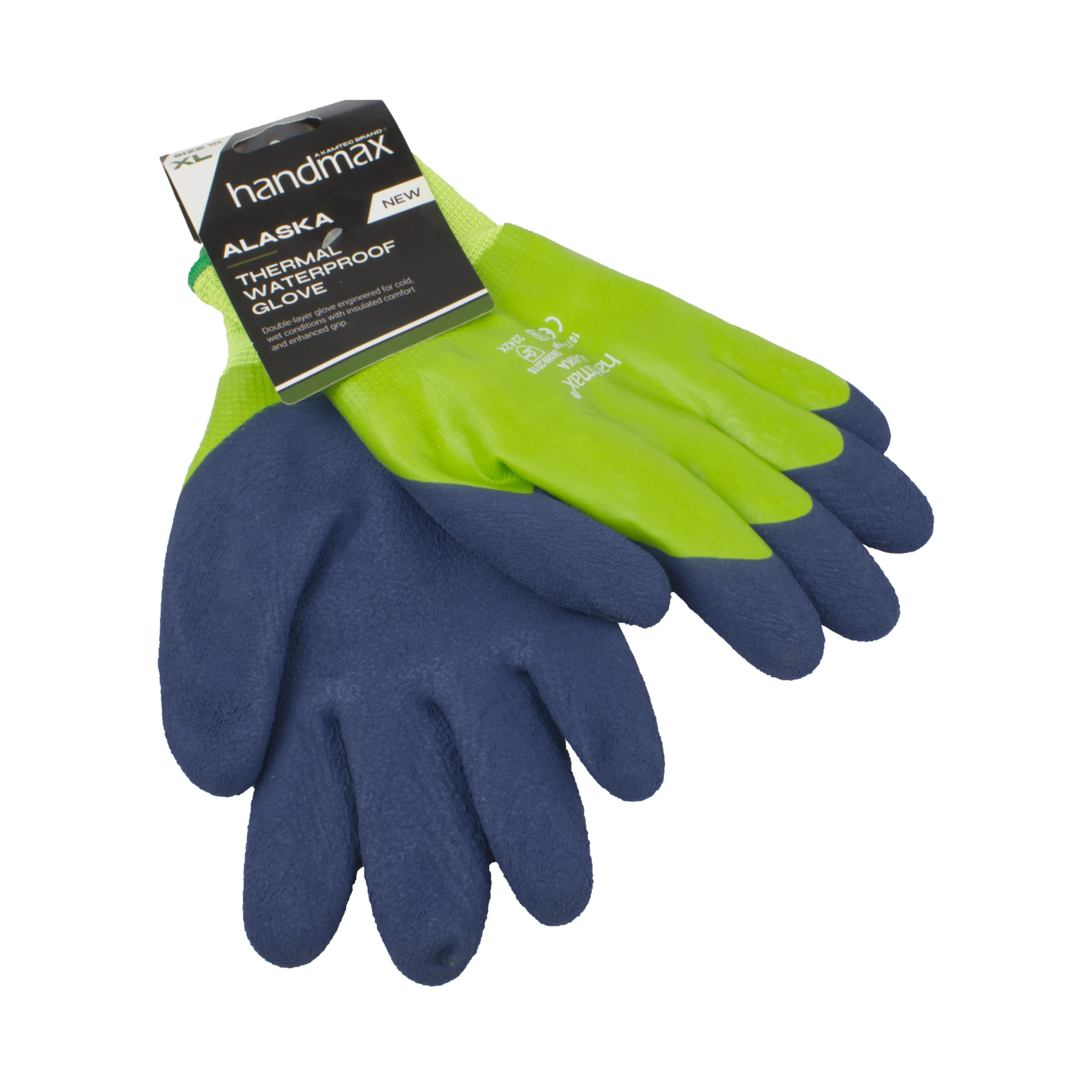 a pair of thermal waterproof gloves, blue textured palm and fingertips with a smooth green back. Held together by a black label on the wrist.