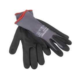 a pair of think work gloves, black textured palm and fingertips with a light grey back
