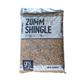 a clear bag of 20mm shingle, with black writing on a white label