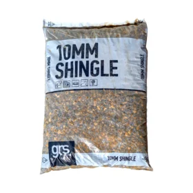 a clear bag of 10mm shingles, with black writing on a white label