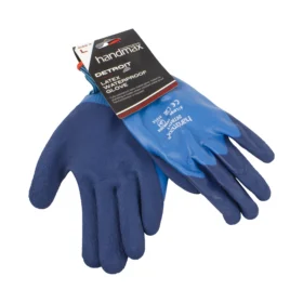 a pair of blue waterproof gloves, spread apart and held together by a label at the wrist