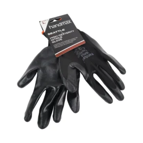 A pair of black nitrile work gloves, spread apart with a label holding them together at the wrist