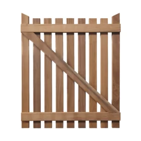 Back bracing side of the Iroko hardwood side gate with vertical slats and diagonal bracing in a natural golden brown timber finish.