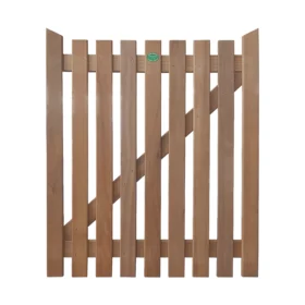 Iroko hardwood side gate with vertical slats and diagonal bracing in a natural golden brown timber finish.
