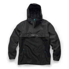 black makita rain jacket, pull over style with hood, subtle blue accents and a grey makita logo on the chest.