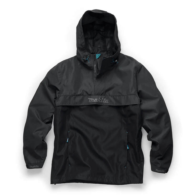 black makita rain jacket, pull over style with hood, subtle blue accents and a grey makita logo on the chest.