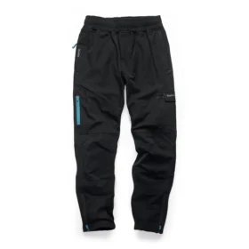 black makita joggers with blue accents and zips, on a white background