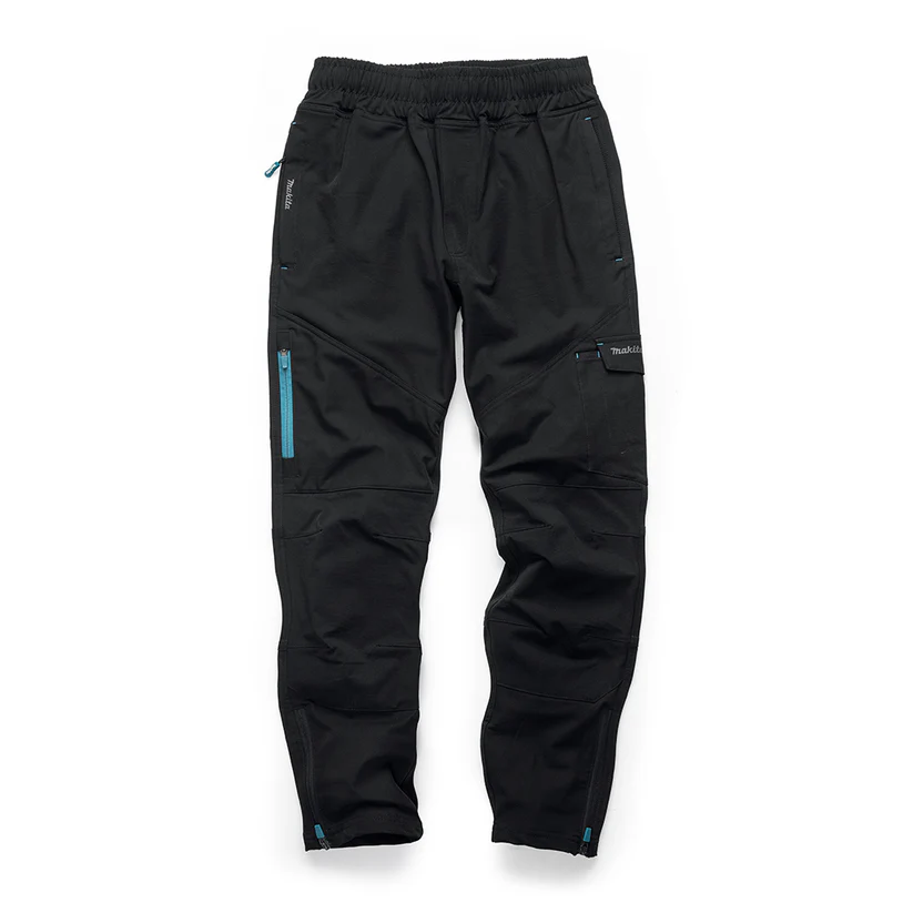 black makita joggers with blue accents and zips, on a white background
