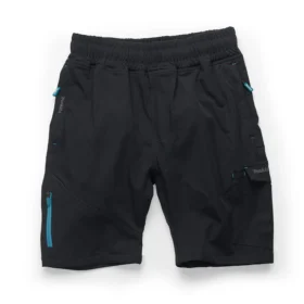 black makita shorts, with blue accents and zips, on a white background