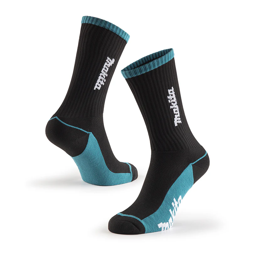 makita socks, black and blue, with white makita logo, on a white background