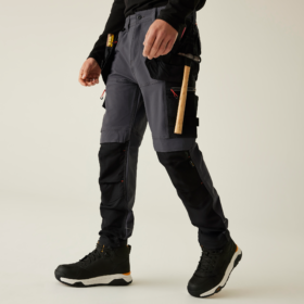 regatta work trousers black and grey with multiple pockets and a hammer holster