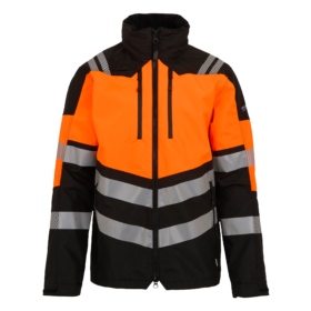 hi vis waterproof jacket in orange and black with silver reflective chevrons on the front and sides.