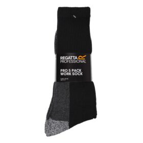 regatta work socks, black and grey, with a cardboard label wrapped around the middle in black with white writing