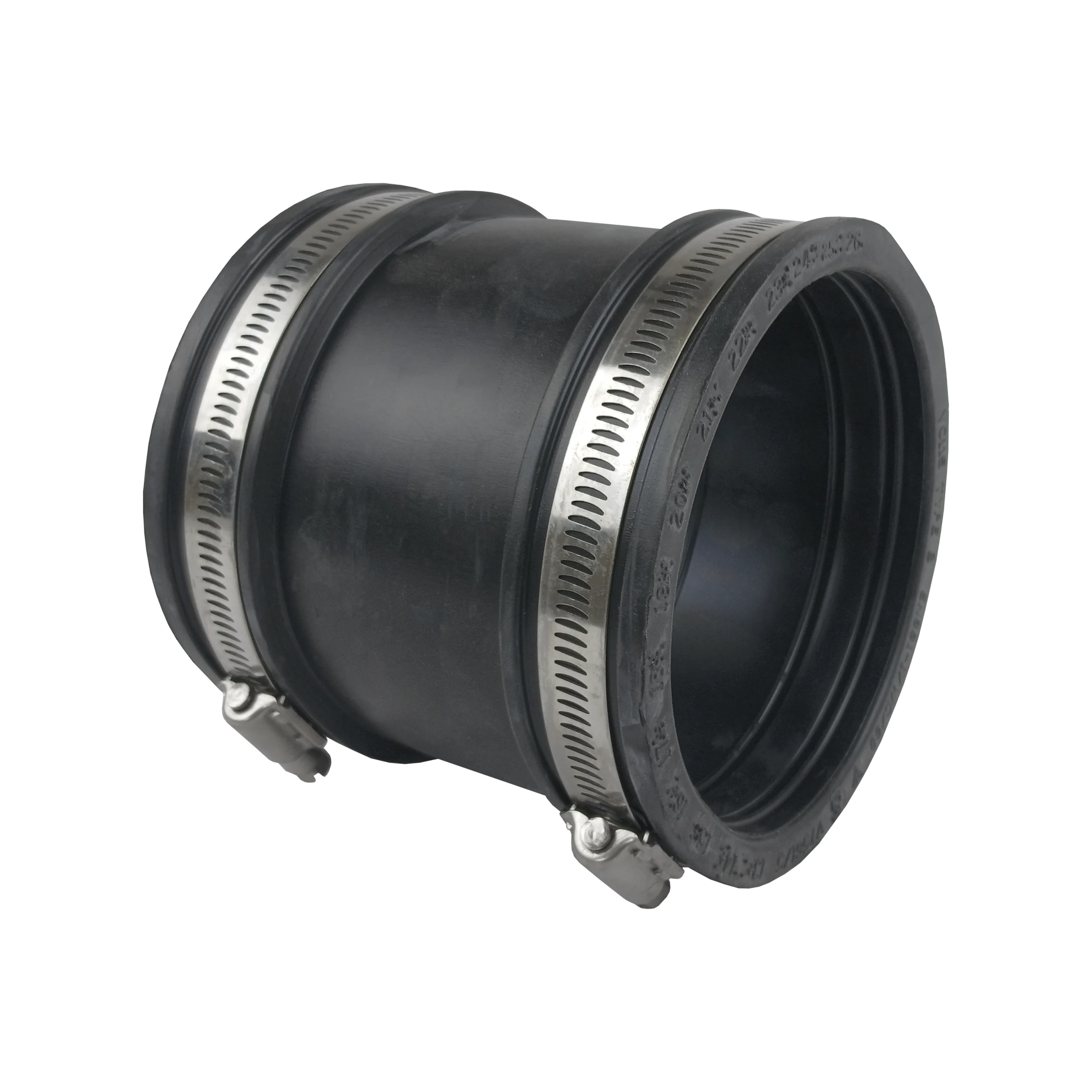 4 inch rubber drain connector designed to join PVC drain pipes, with durable rubber construction and stainless steel bands for secure underground drainage connections.