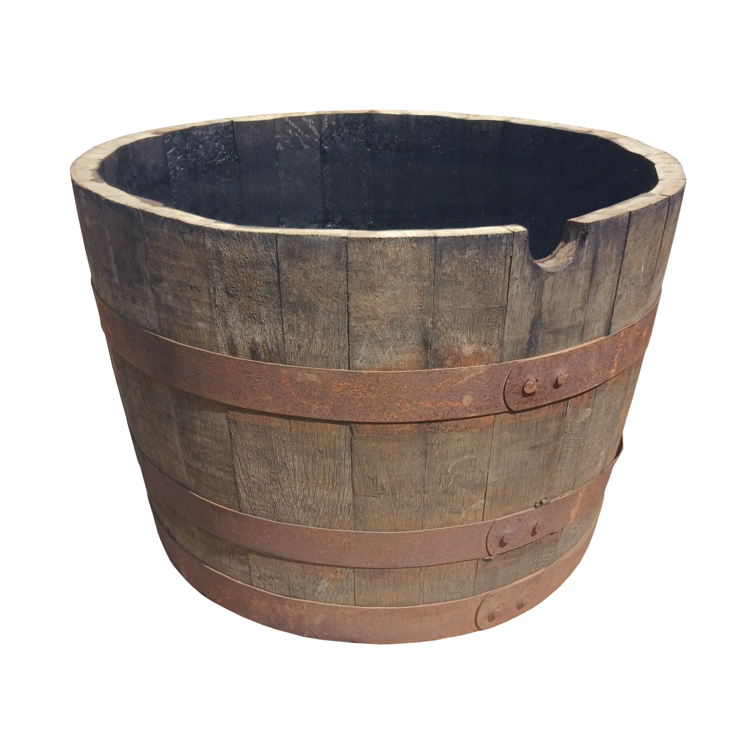 Wooden barrel planter made from reclaimed whisky barrel staves with rustic metal bands, empty and ready for planting flowers, shrubs or small trees.