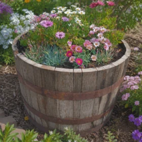 Rustic wooden barrel planter filled with colourful flowering plants, crafted from a reclaimed whisky barrel with weathered timber and metal bands for traditional garden style.