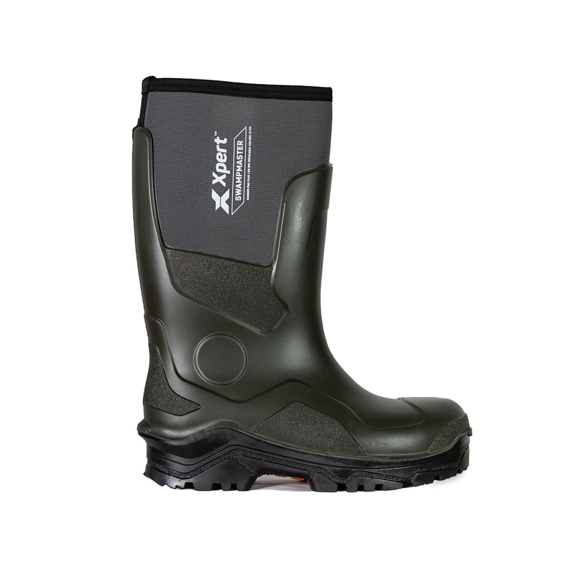 green safety wellies with a grey neoprene upper, on a white background.