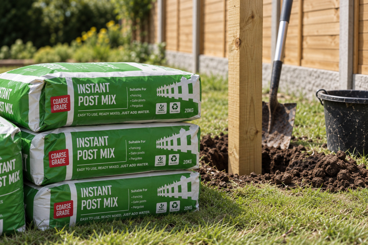 How many bags of postcrete? A freshly dug hole in a garden with a wooden fence post in the middle, a spade, a black bucket and 4 bags of instant post mix sit next to it.